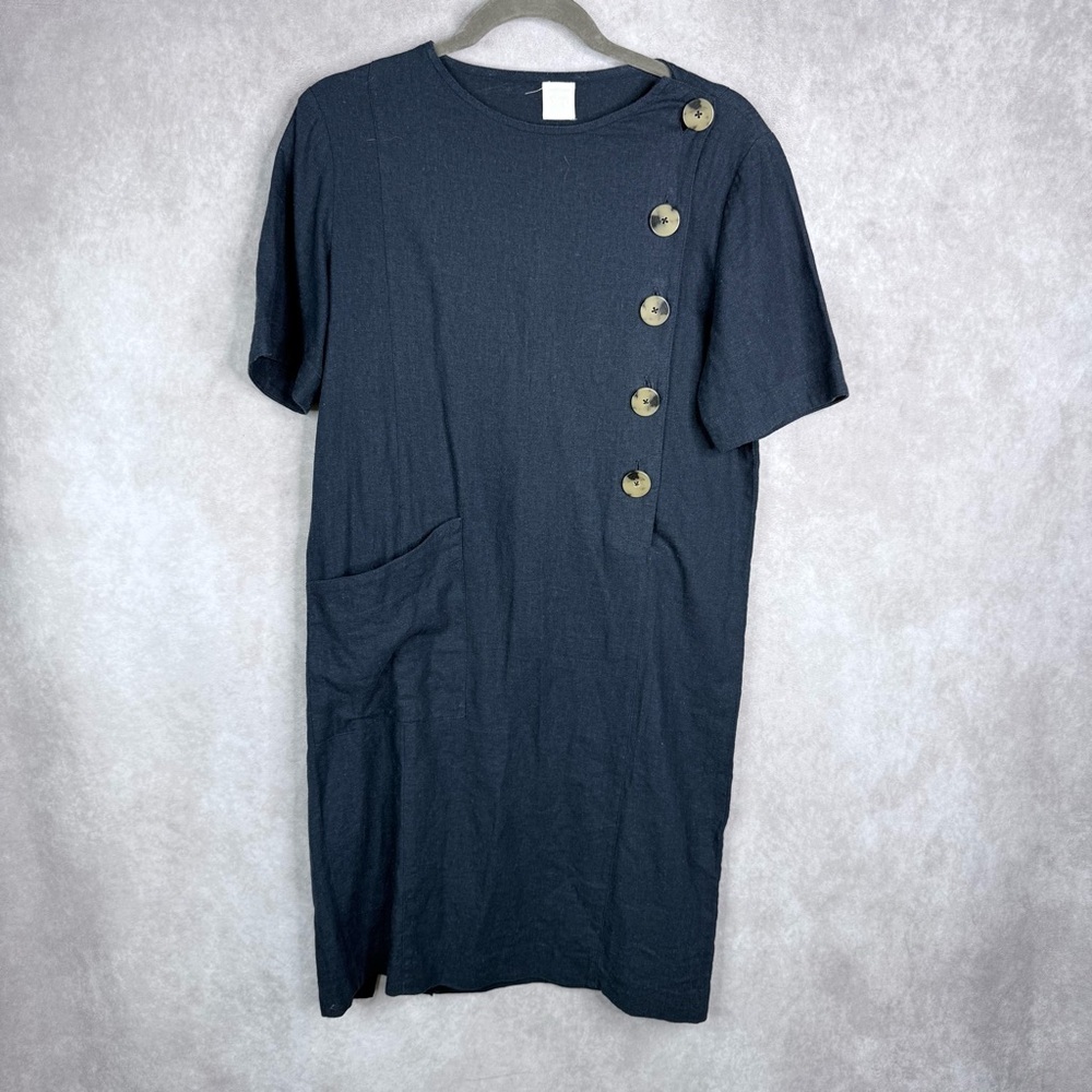 Bird Brooklyn Textiles NYC Linen Short Sleeve Shift Dress In Blue Women's Sz XS